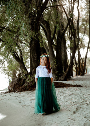 Ivory Lace Emerald Green Tulle Keyhole Back Flower Girl Dress